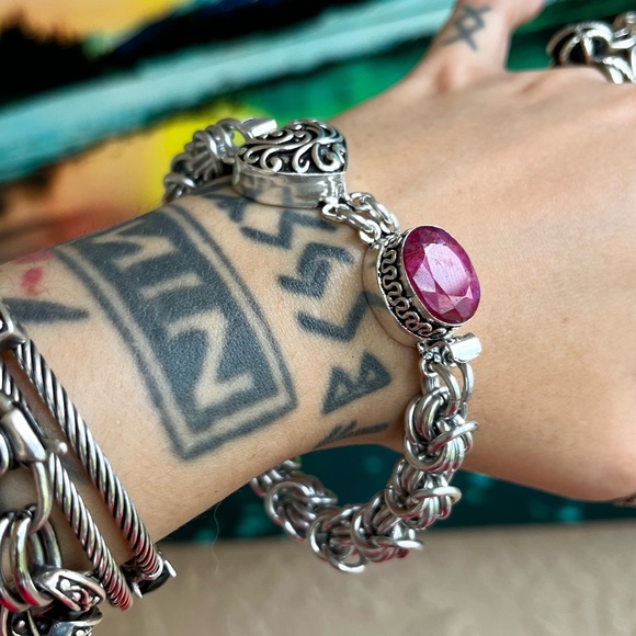 Handmade maille link bracelet . Indian ruby gem clasp heart love boho silver - Picture 3 of 14